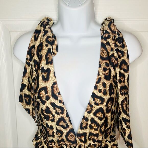 Unique Vintage Leopard Print Plunge Neck One Piece Swimsuit Bow Shoulder M NWT - Picture 6 of 13
